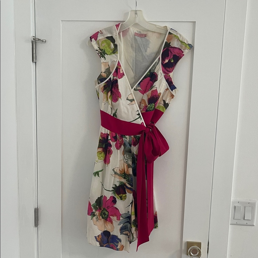 Ted Baker Cream Floral Wrap Midi Dress with Fuchsia Sash